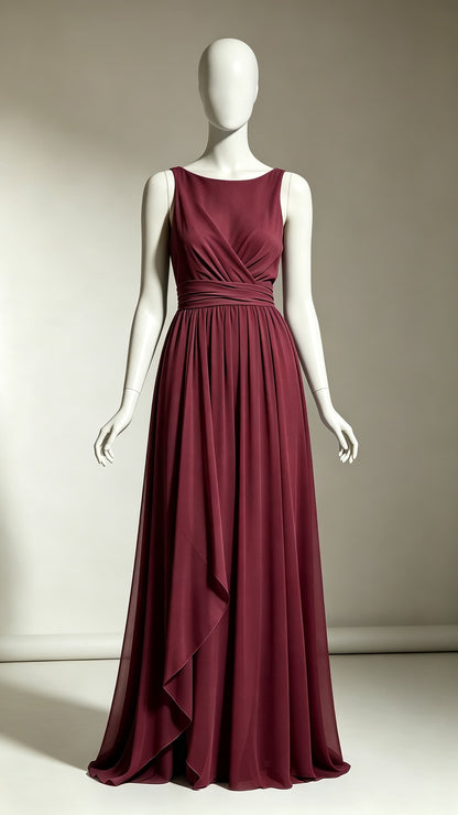 Chic A-line Red Evening Gowns Round neck Chiffon Maxi Dress LFNL0764