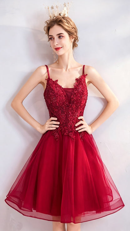 Effortless A-line Red Evening Dress V Neck Organza Short Formal Dress LFNC0413