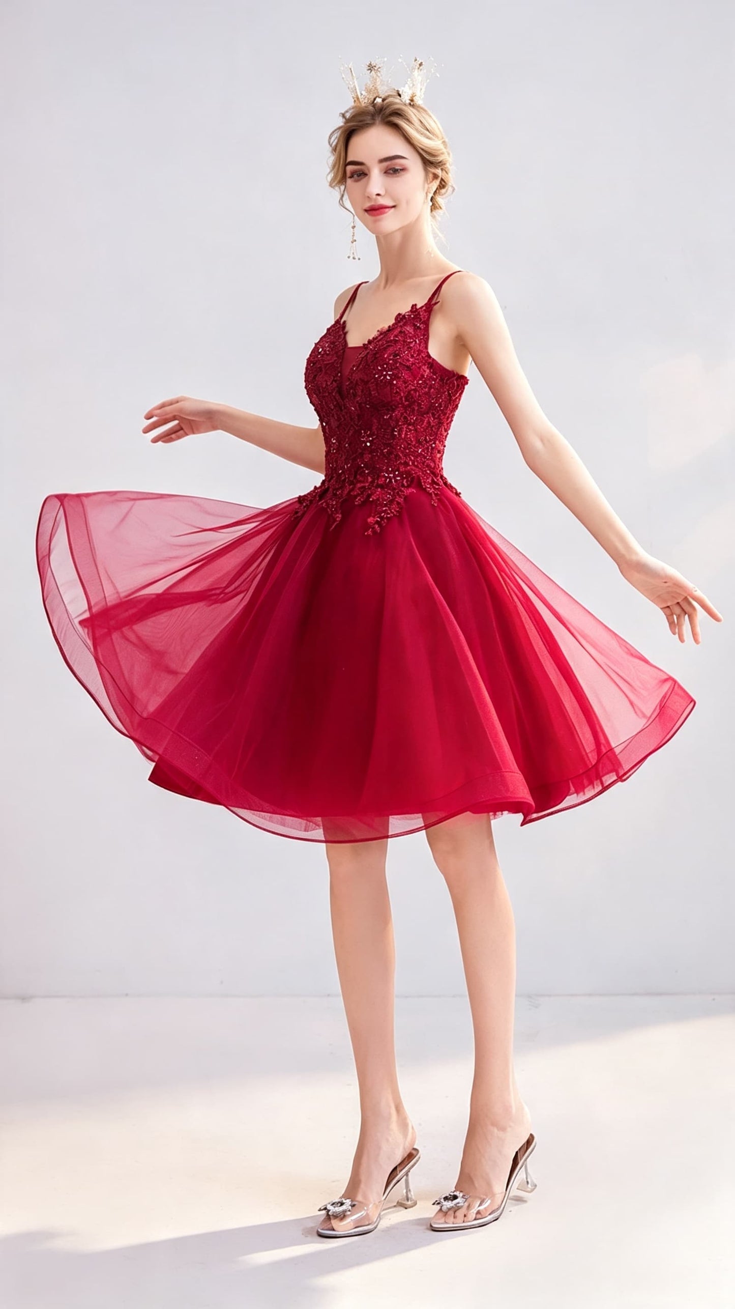 Effortless A-line Red Evening Dress V Neck Organza Short Formal Dress LFNC0413