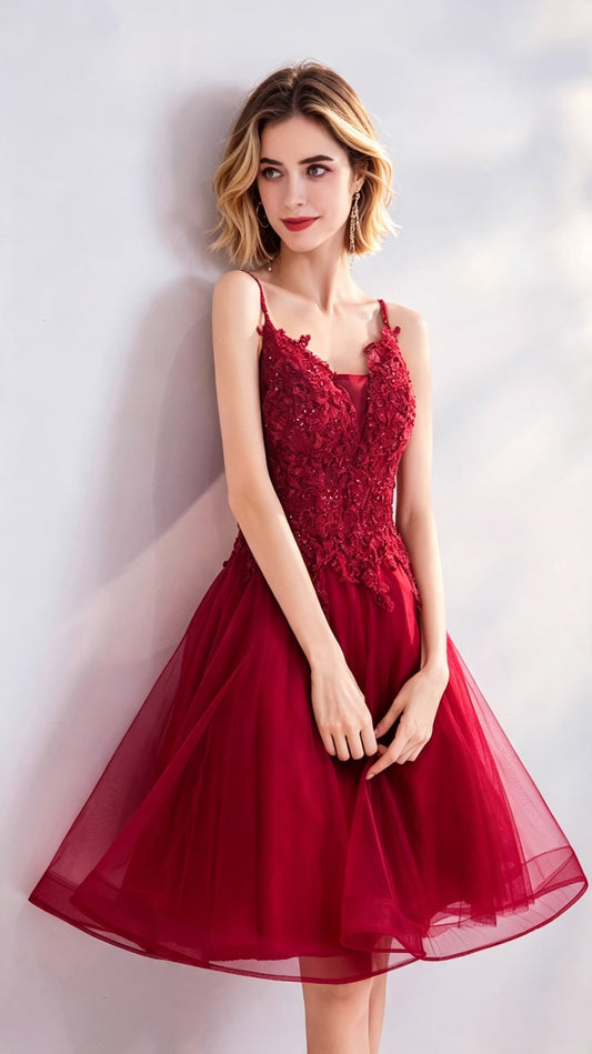 Effortless A-line Red Evening Dress V Neck Organza Short Formal Dress LFNC0413