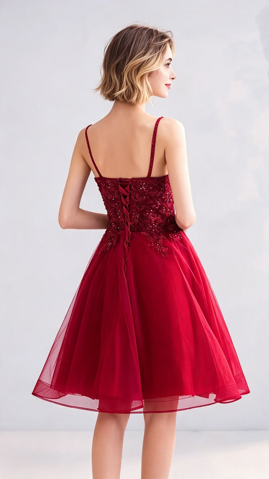 Effortless A-line Red Evening Dress V Neck Organza Short Formal Dress LFNC0413