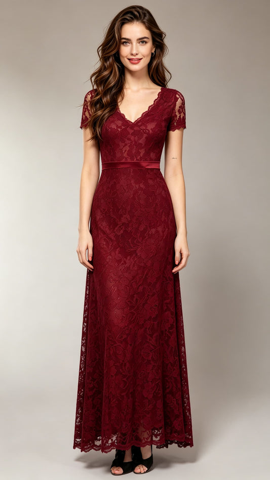 Classy A-line Dark Red Bridesmaid dress Lace Long Formal Dress LFNC0079
