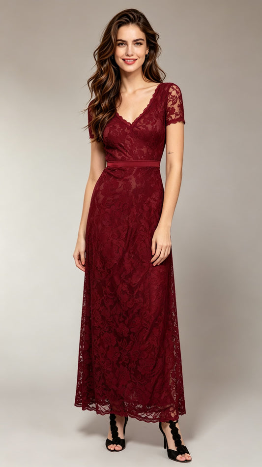 Classy A-line Dark Red Bridesmaid dress Lace Long Formal Dress LFNC0079