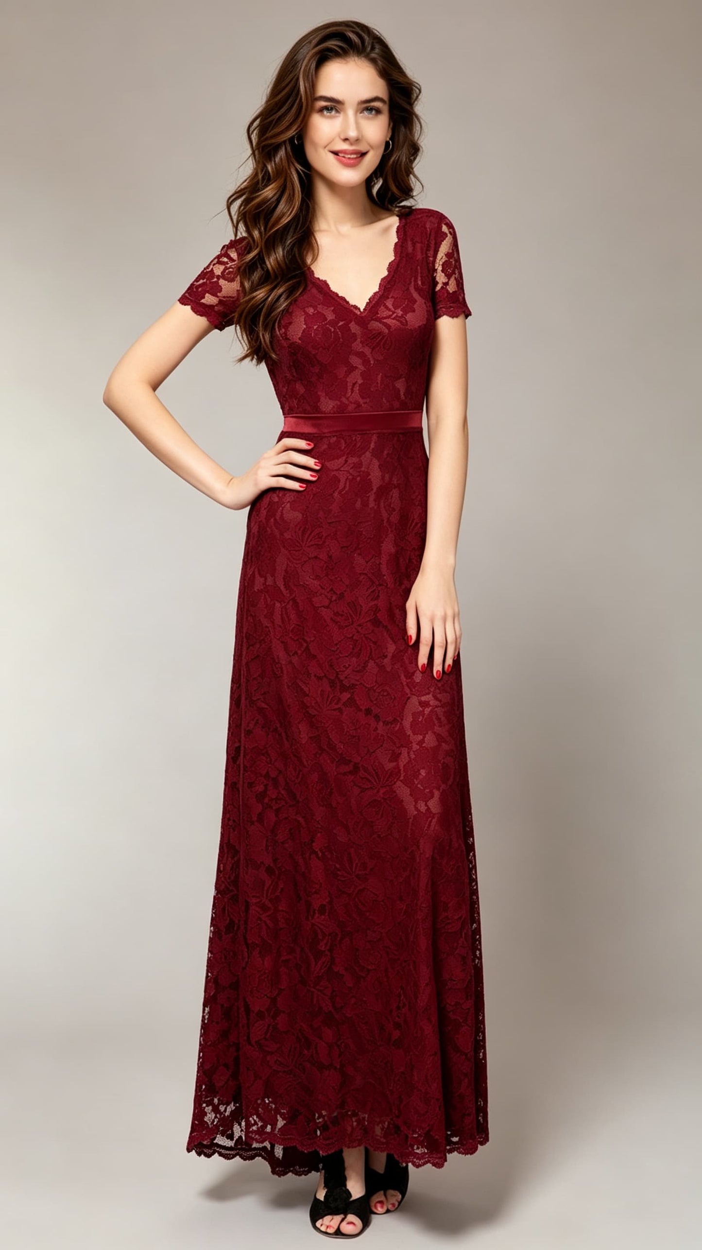 Classy A-line Dark Red Bridesmaid dress Lace Long Formal Dress LFNC0079