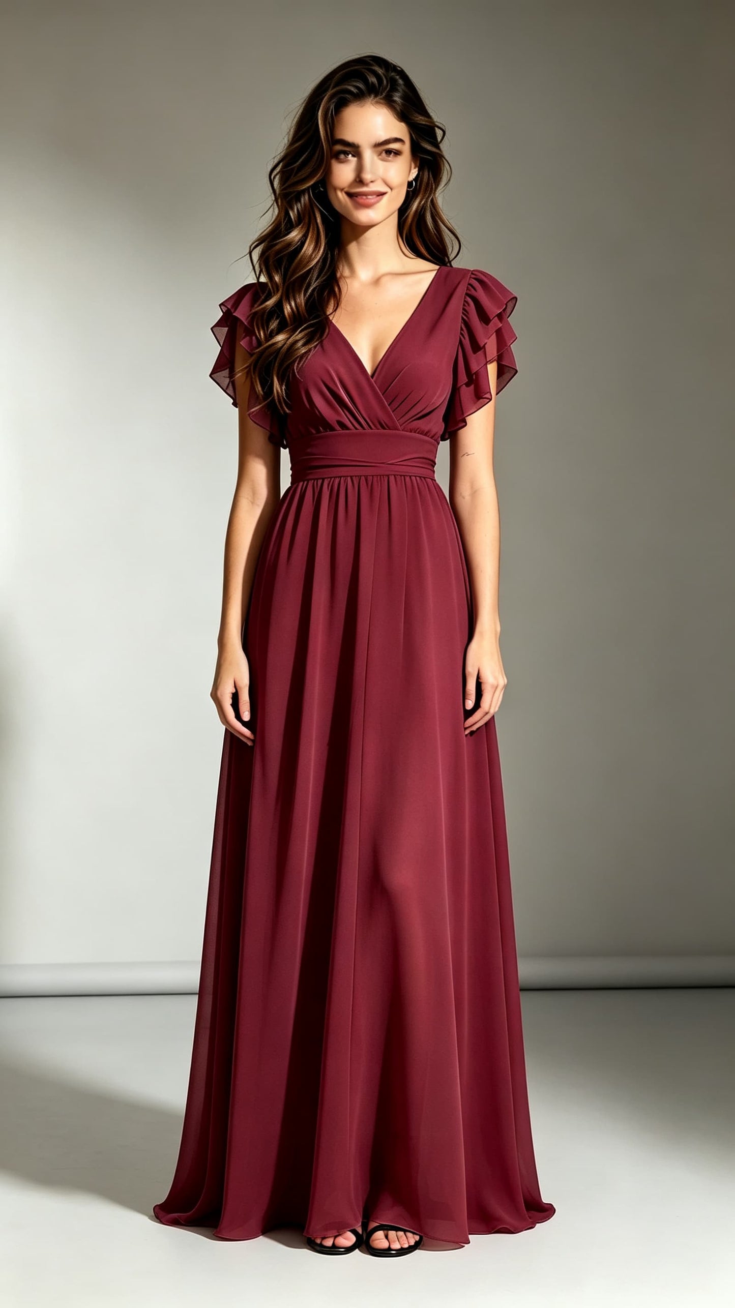Flattering A-line Red Evening Gowns V Neck Chiffon Maxi Dress LFNL0769