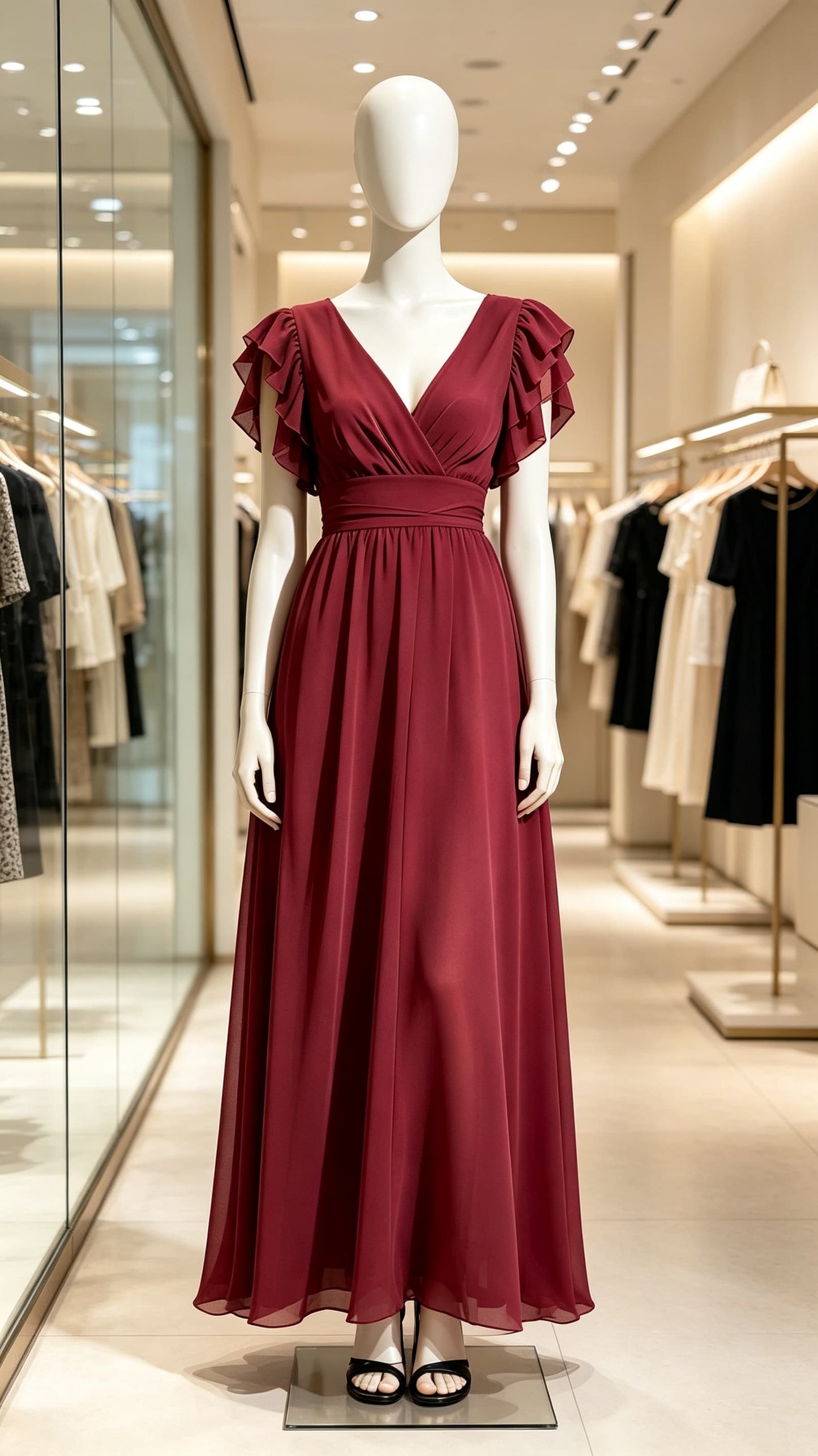Flattering A-line Red Evening Gowns V Neck Chiffon Maxi Dress LFNL0769