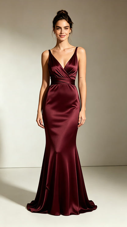 Timeless Mermaid Red Evening Gowns V Neck Satin Maxi Dress LFNL0765