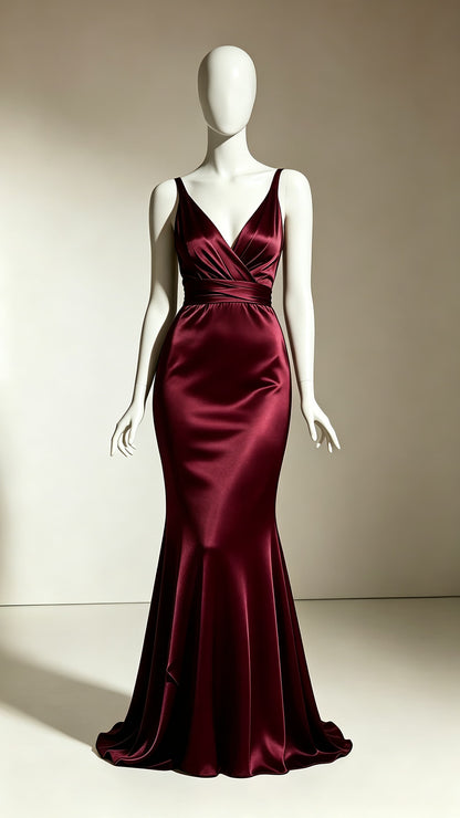 Timeless Mermaid Red Evening Gowns V Neck Satin Maxi Dress LFNL0765