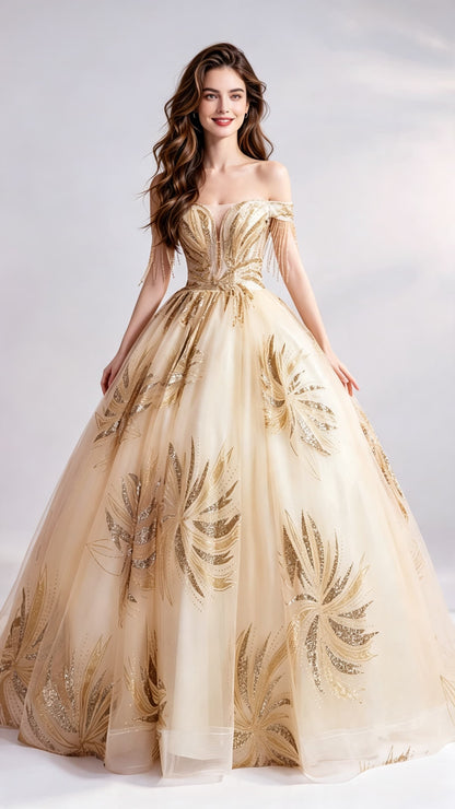 Effortless A-line Gold Evening Dress Off Shoulder Organza Princess Formal Dress LFNC0148