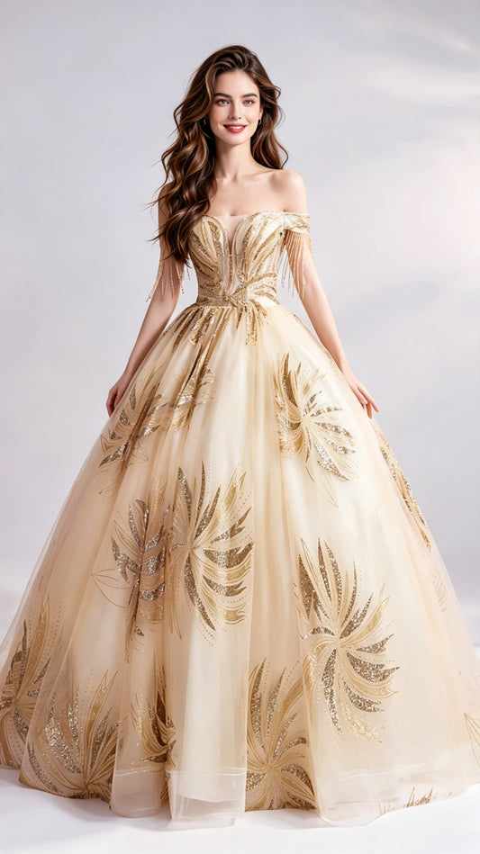 Effortless A-line Gold Evening Dress Off Shoulder Organza Princess Formal Dress LFNC0148