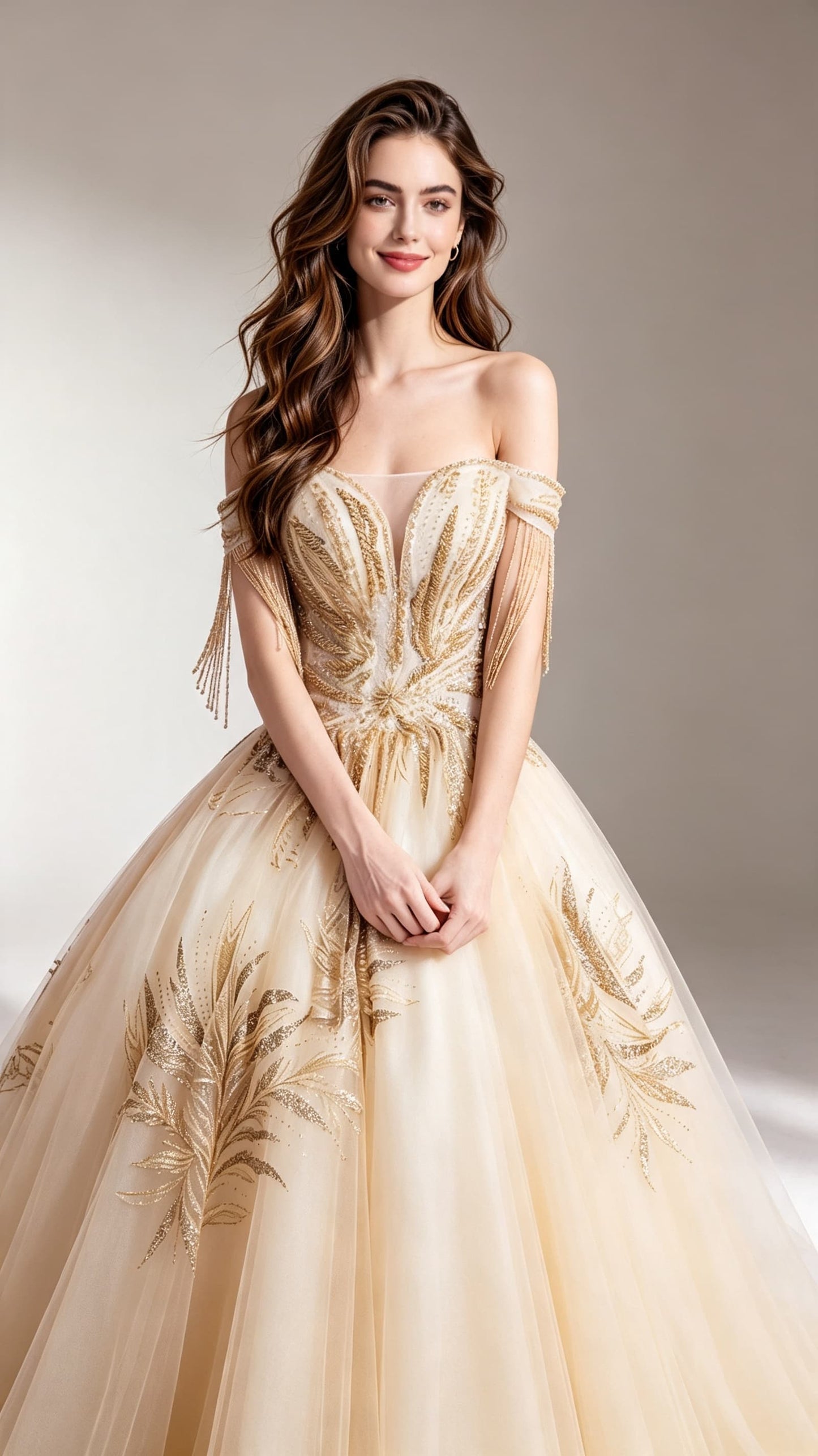 Effortless A-line Gold Evening Dress Off Shoulder Organza Princess Formal Dress LFNC0148