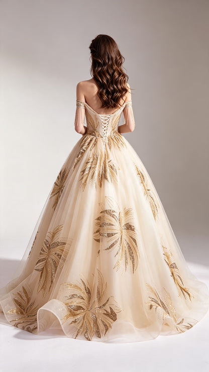 Effortless A-line Gold Evening Dress Off Shoulder Organza Princess Formal Dress LFNC0148