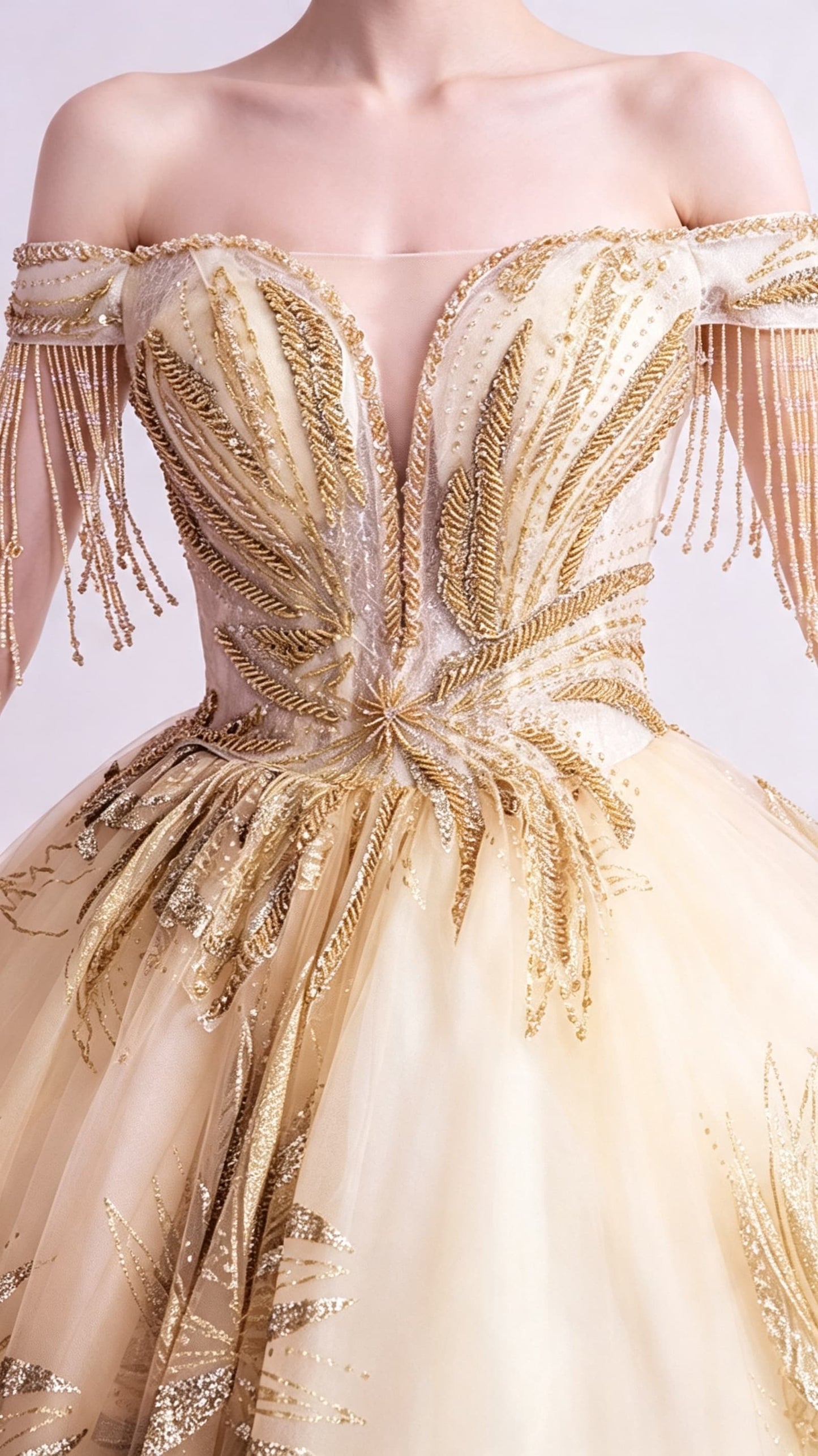 Effortless A-line Gold Evening Dress Off Shoulder Organza Princess Formal Dress LFNC0148