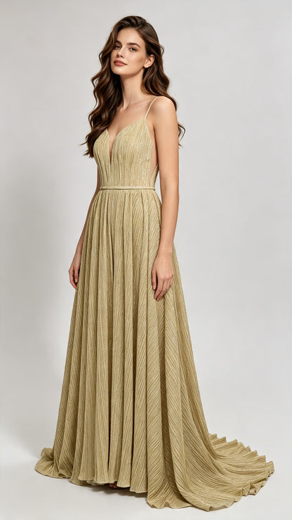 Lightweight A-line Yellow Evening Dress Straps Spandex Long Formal Dress LFNL0619