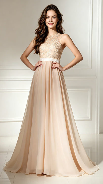 Flowy Champagne Evening Dress Round Neck Chiffon Long Formal Dress LFNL0492