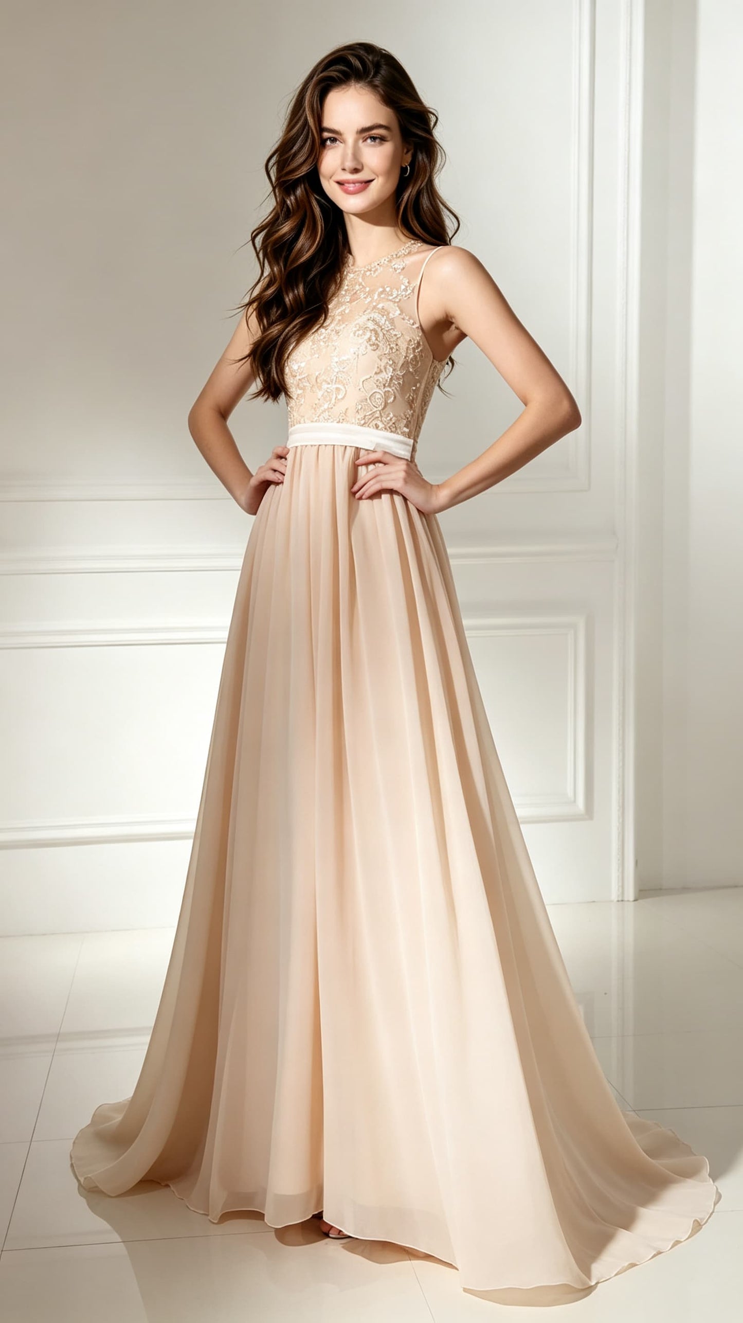 Flowy Champagne Evening Dress Round Neck Chiffon Long Formal Dress LFNL0492
