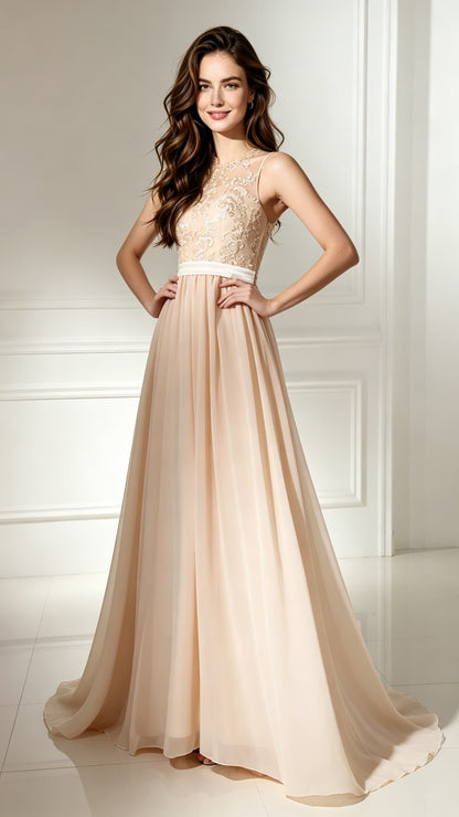 Flowy Champagne Evening Dress Round Neck Chiffon Long Formal Dress LFNL0492
