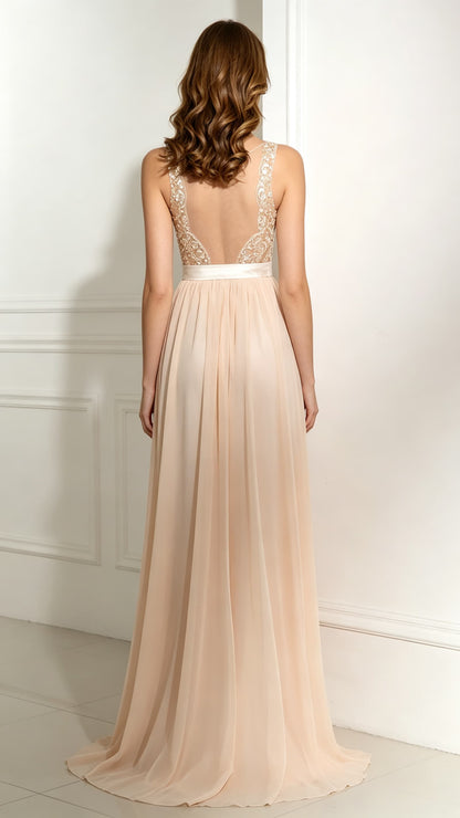 Flowy Champagne Evening Dress Round Neck Chiffon Long Formal Dress LFNL0492