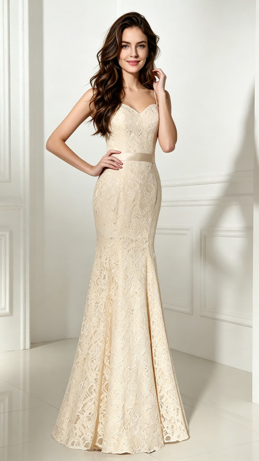 Graceful Mermaid Champagne Evening Dress Straps Lace Long Formal Dress LFNL0493