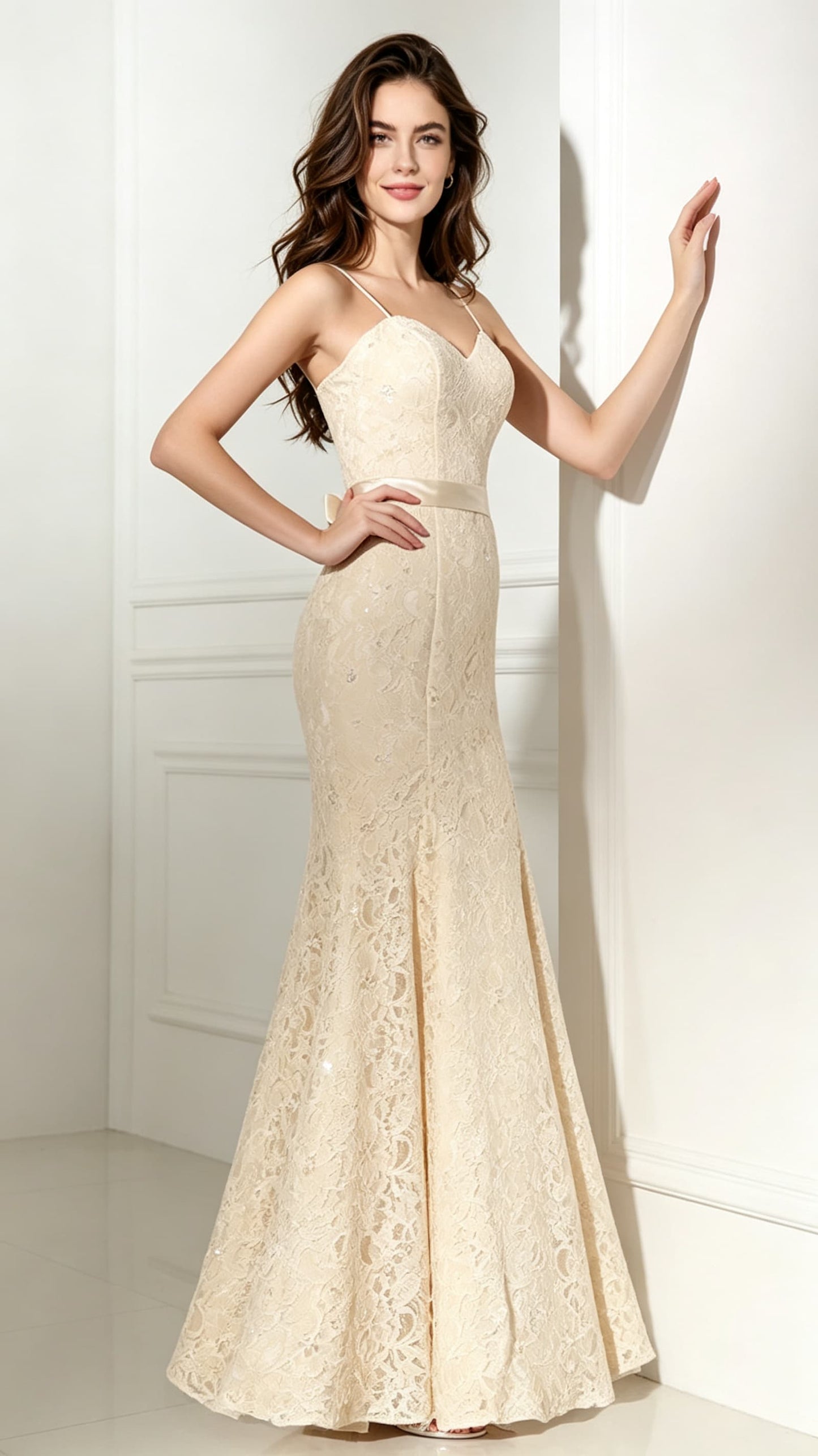 Graceful Mermaid Champagne Evening Dress Straps Lace Long Formal Dress LFNL0493
