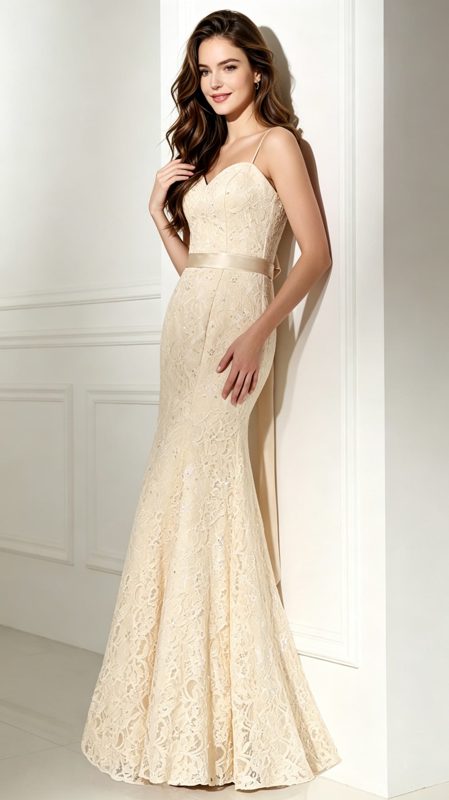 Graceful Mermaid Champagne Evening Dress Straps Lace Long Formal Dress LFNL0493