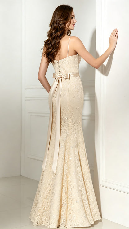 Graceful Mermaid Champagne Evening Dress Straps Lace Long Formal Dress LFNL0493