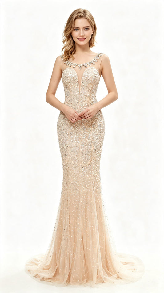 Classy Mermaid White Evening Dress Round Neck Tulle Long Formal Dress LFNL0631