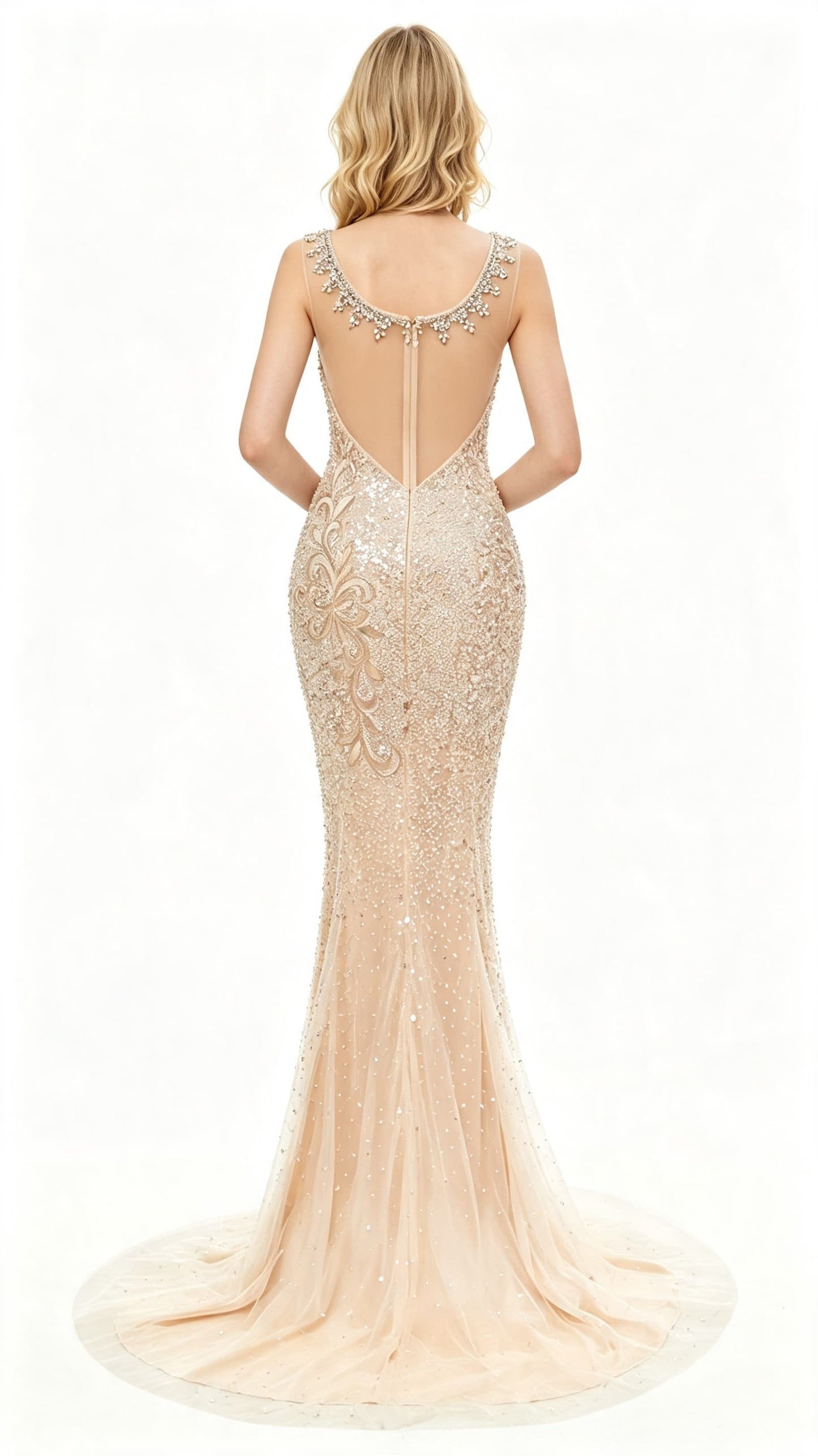 Classy Mermaid White Evening Dress Round Neck Tulle Long Formal Dress LFNL0631