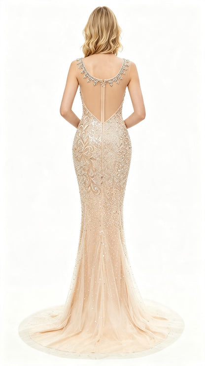 Classy Mermaid White Evening Dress Round Neck Tulle Long Formal Dress LFNL0631