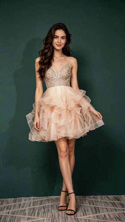 Soft A-line Champagne Homecoming Dress Stretch mesh Maxi Dress LFNL0664