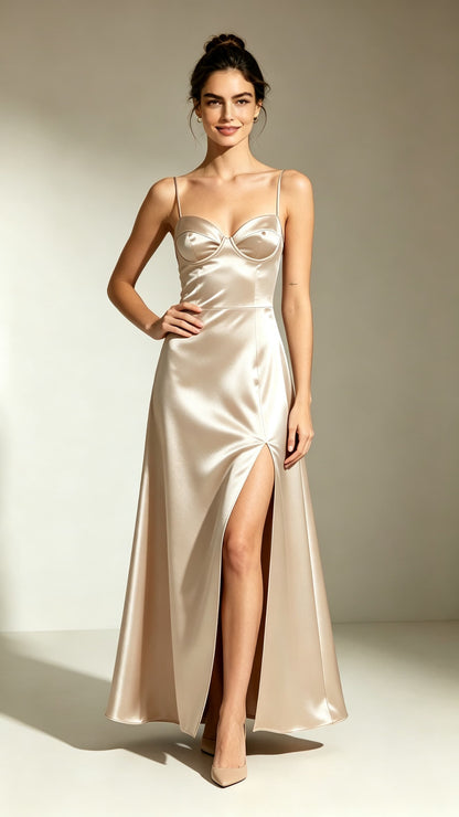Soft A-line Champagne Evening Gowns Straps Satin Maxi Dress LFNL0748