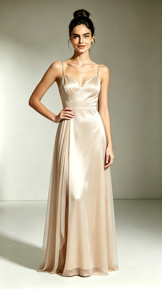 2026 A-line Champagne Evening Gowns Straps Satin Maxi Dress LFNL0747