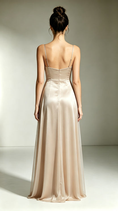 2026 A-line Champagne Evening Gowns Straps Satin Maxi Dress LFNL0747