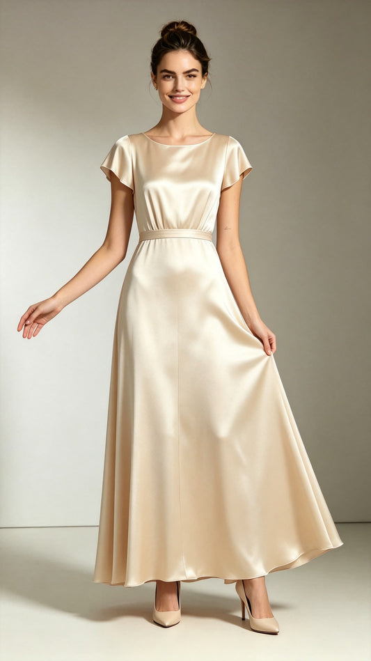 Champagne satin A‑line maxi evening gown, round neck with flutter short sleeves, custom tailored formal bridesmaid dress
