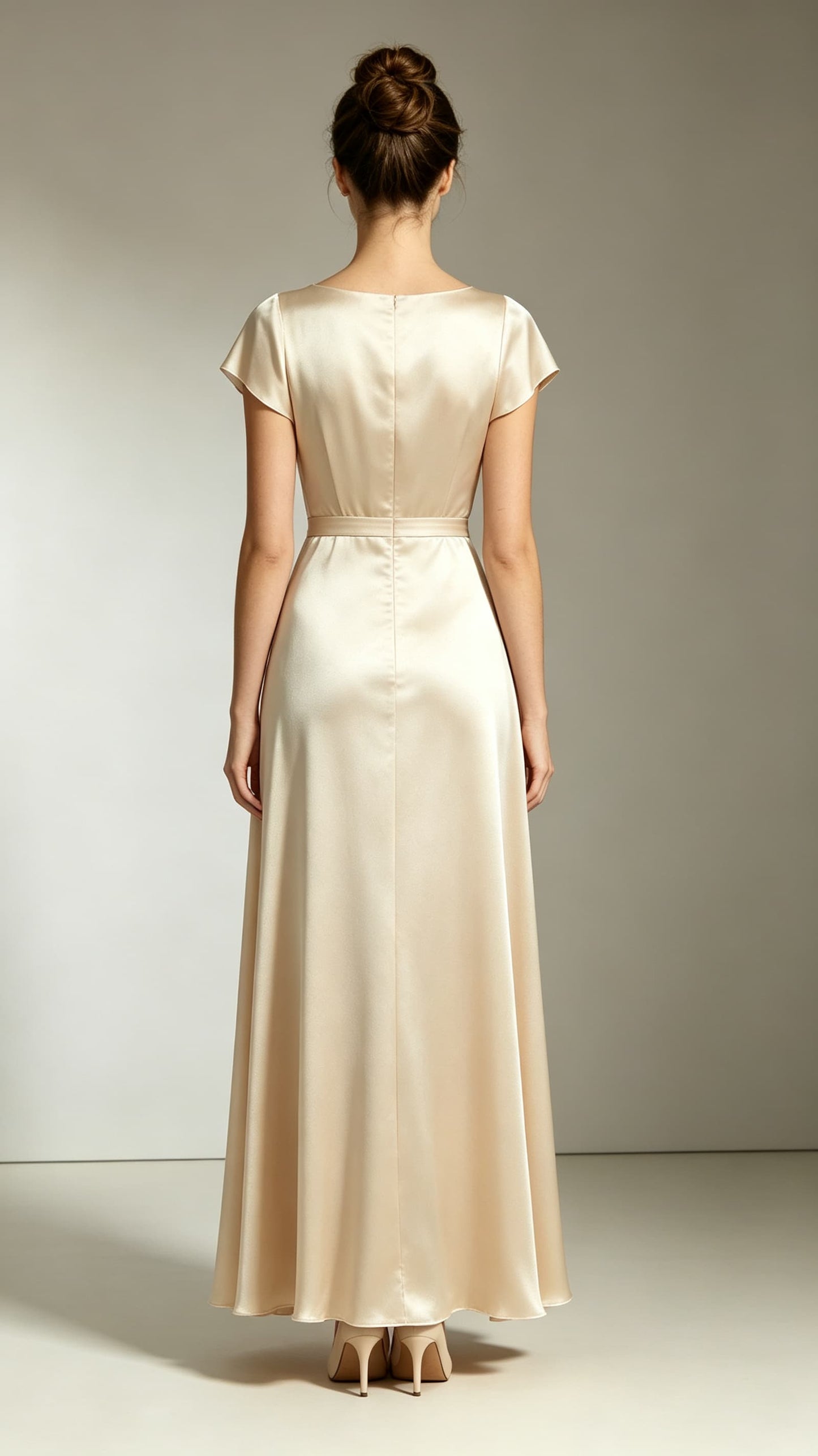 Elegant A-line Champagne Evening Gowns Round neck Satin Maxi Dress LFNL0785