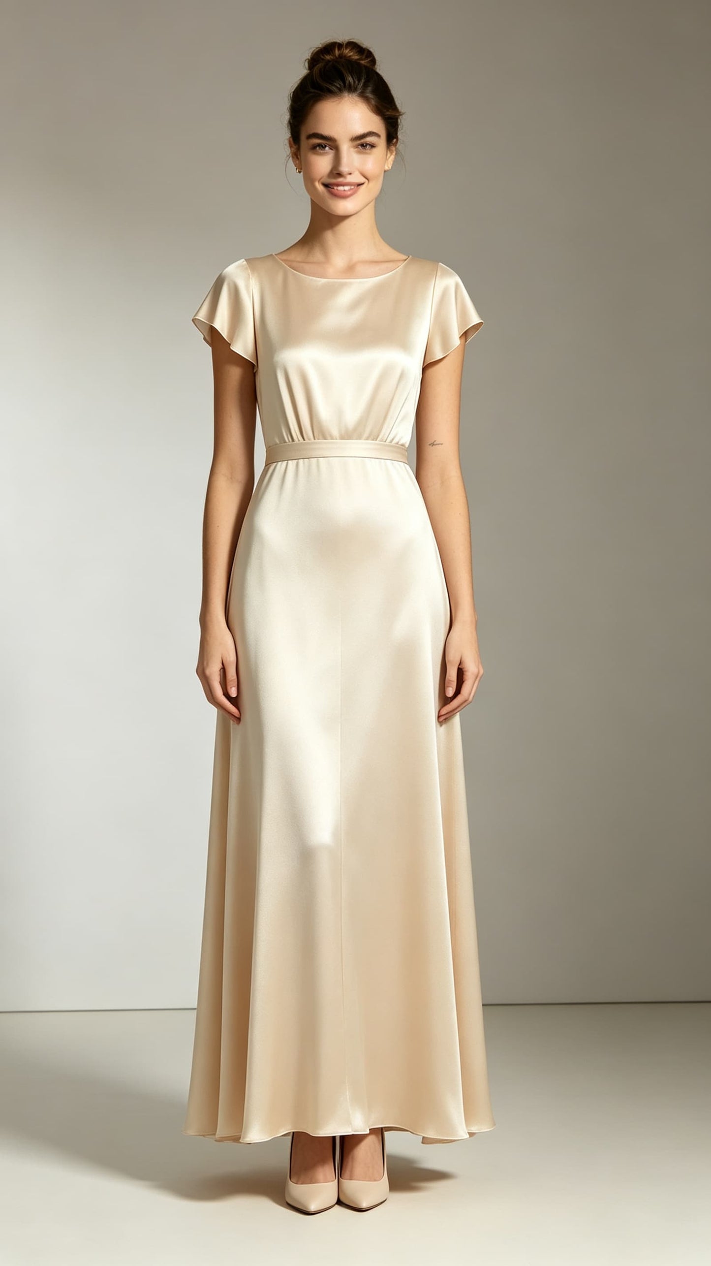 Elegant A-line Champagne Evening Gowns Round neck Satin Maxi Dress LFNL0785