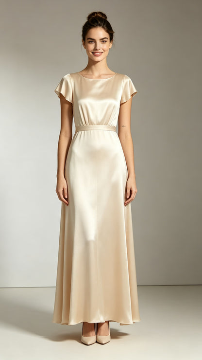 Elegant A-line Champagne Evening Gowns Round neck Satin Maxi Dress LFNL0785