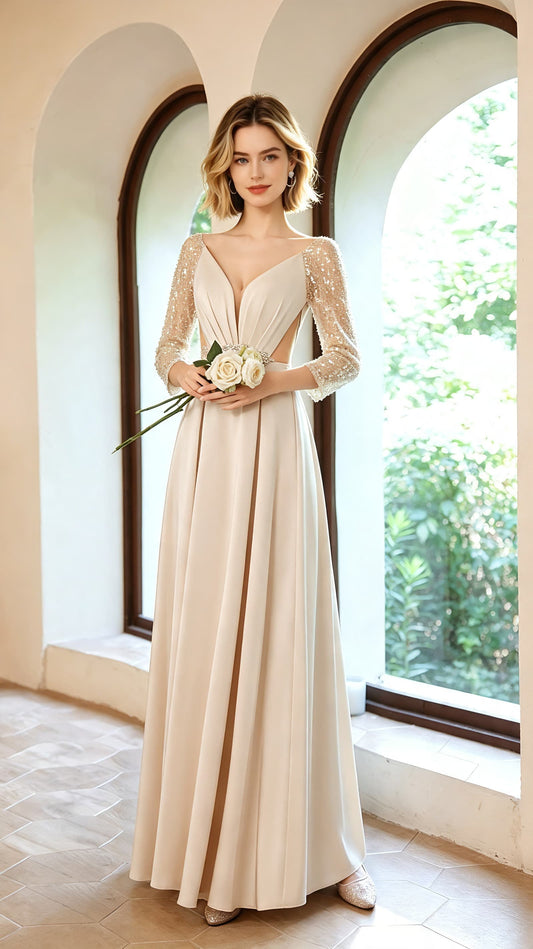 Dreamy A-line Apricot Evening Dress V Neck Satin Long Formal Dress LFNC0421
