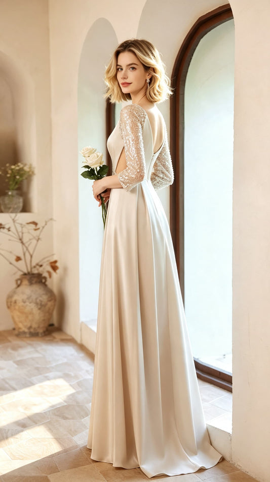 Dreamy A-line Apricot Evening Dress V Neck Satin Long Formal Dress LFNC0421