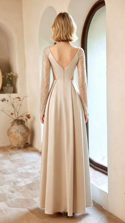 Dreamy A-line Apricot Evening Dress V Neck Satin Long Formal Dress LFNC0421
