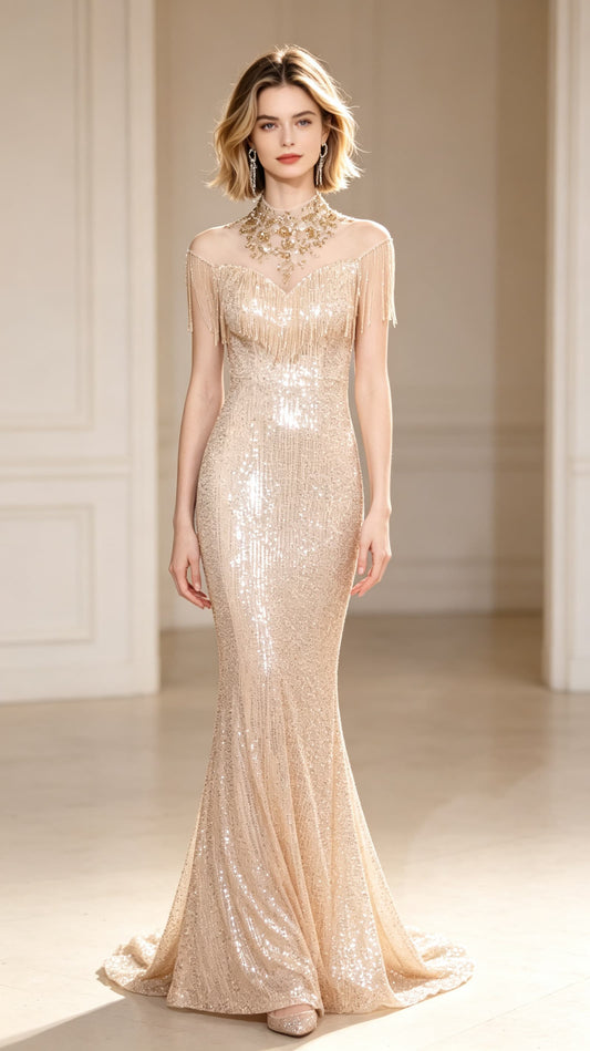 Simple Mermaid Gold Evening Dress High Collar Sequins Long Formal Dress LFNC0439