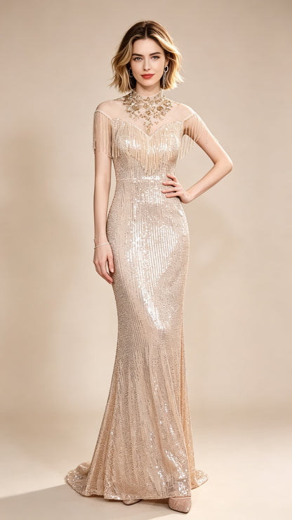 Simple Mermaid Gold Evening Dress High Collar Sequins Long Formal Dress LFNC0439