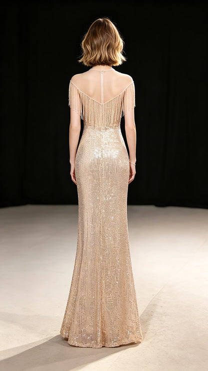 Simple Mermaid Gold Evening Dress High Collar Sequins Long Formal Dress LFNC0439