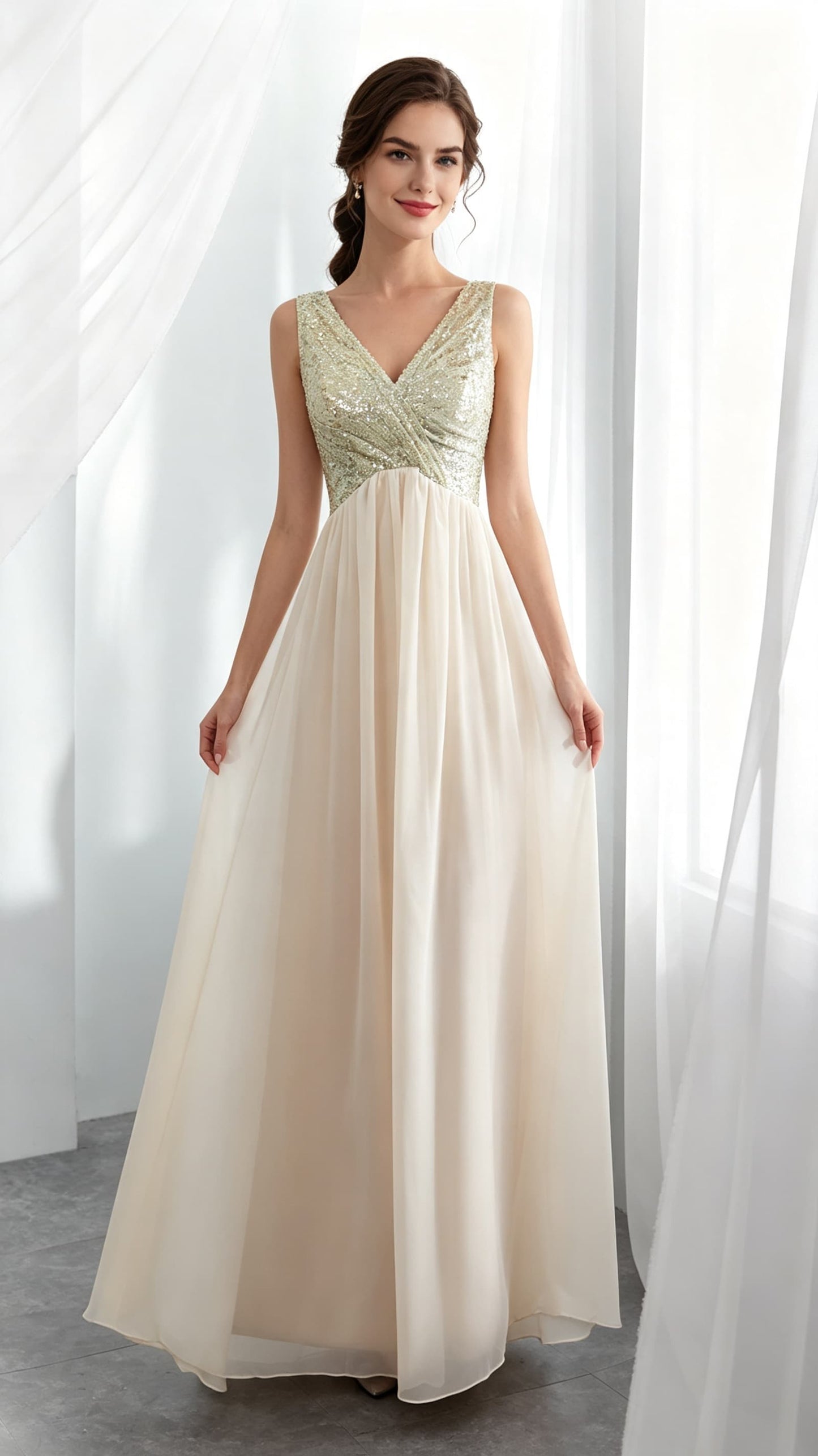 Flattering A-line Champagne Evening Dress V Neck Chiffon Long Formal Dress LFNL0534