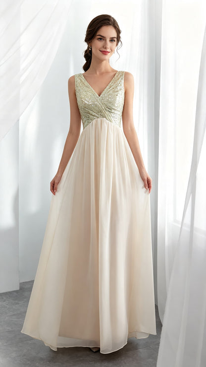 Flattering A-line Champagne Evening Dress V Neck Chiffon Long Formal Dress LFNL0534