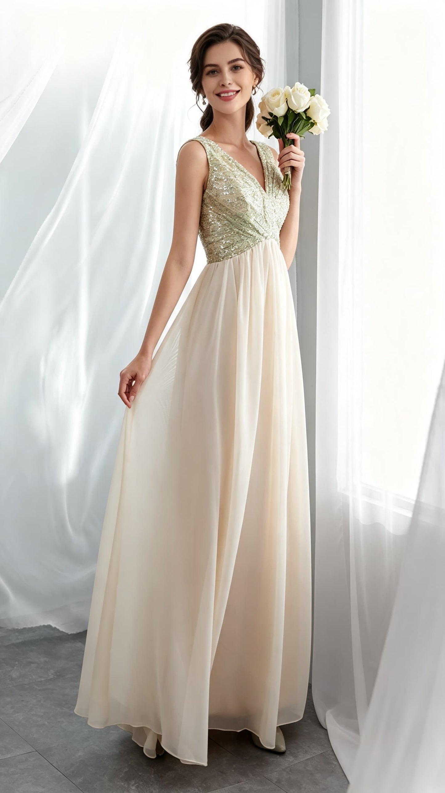 Flattering A-line Champagne Evening Dress V Neck Chiffon Long Formal Dress LFNL0534