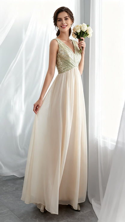Flattering A-line Champagne Evening Dress V Neck Chiffon Long Formal Dress LFNL0534
