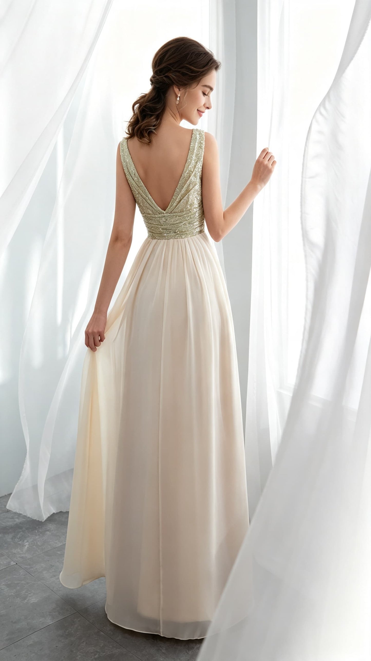 Flattering A-line Champagne Evening Dress V Neck Chiffon Long Formal Dress LFNL0534