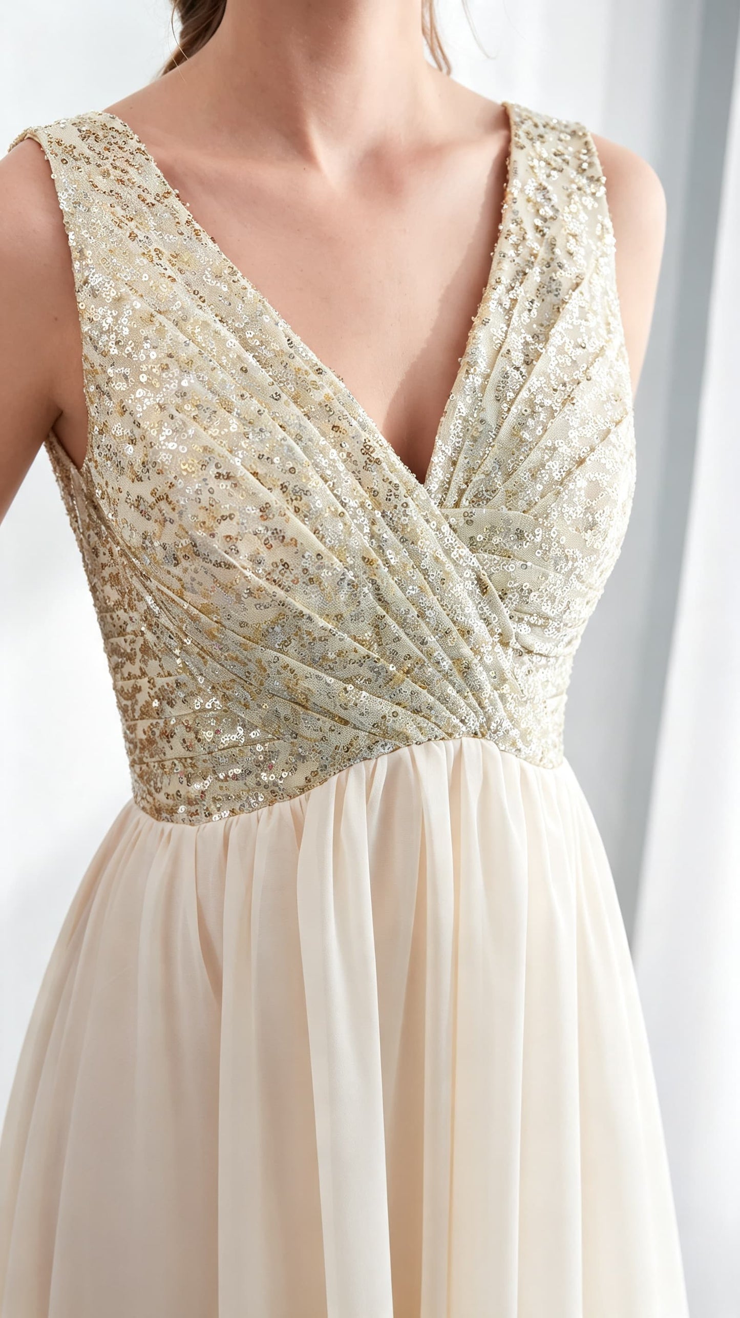Flattering A-line Champagne Evening Dress V Neck Chiffon Long Formal Dress LFNL0534