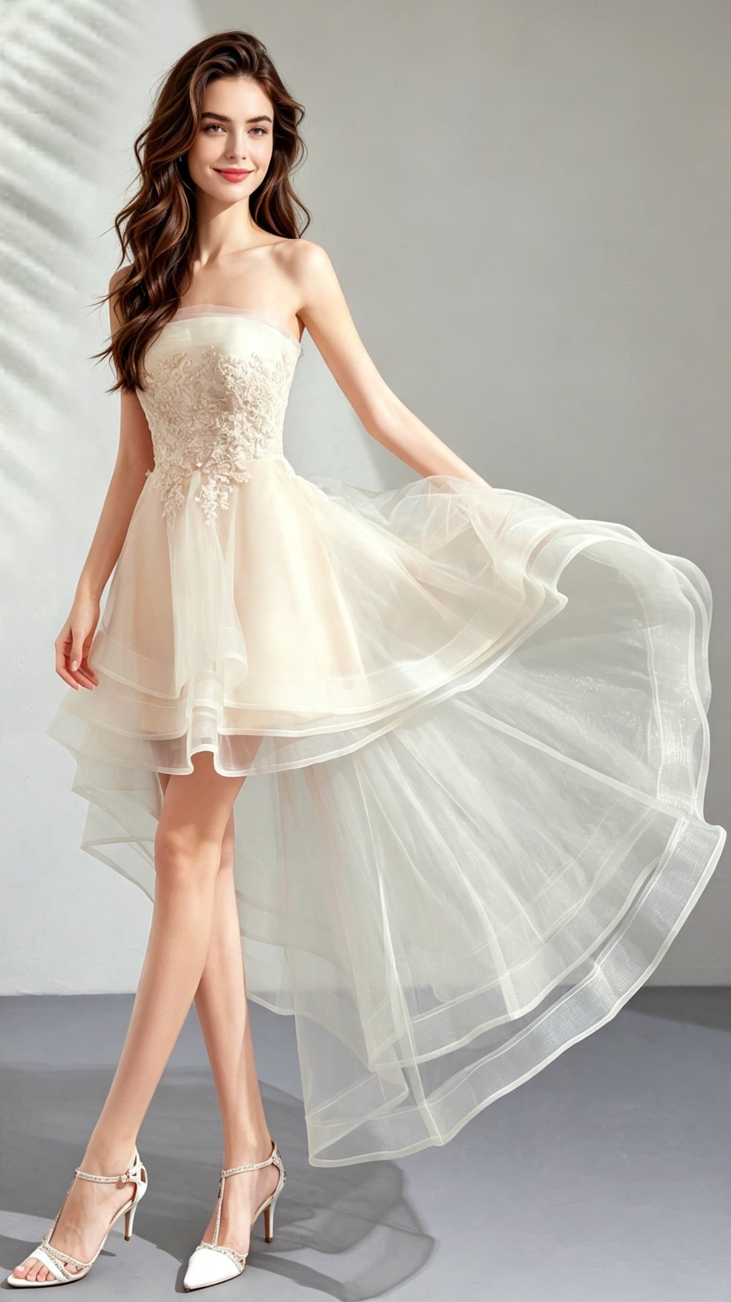 Romantic A-line Champagne Evening Dress Strapless Organza High Low Formal Dress LFNC0158
